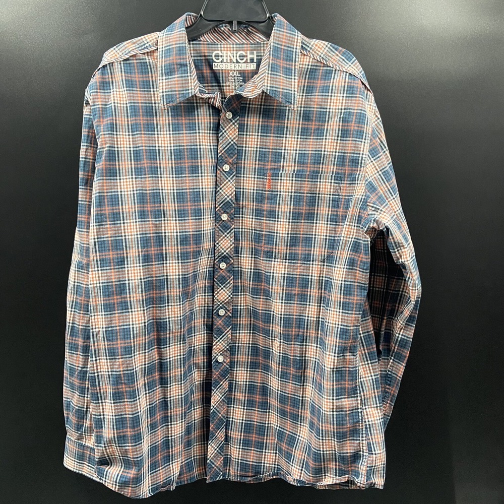 Cinch Mens Shirt 2XL Blue & Orange Striped Print Modern Fit Collared Button Down